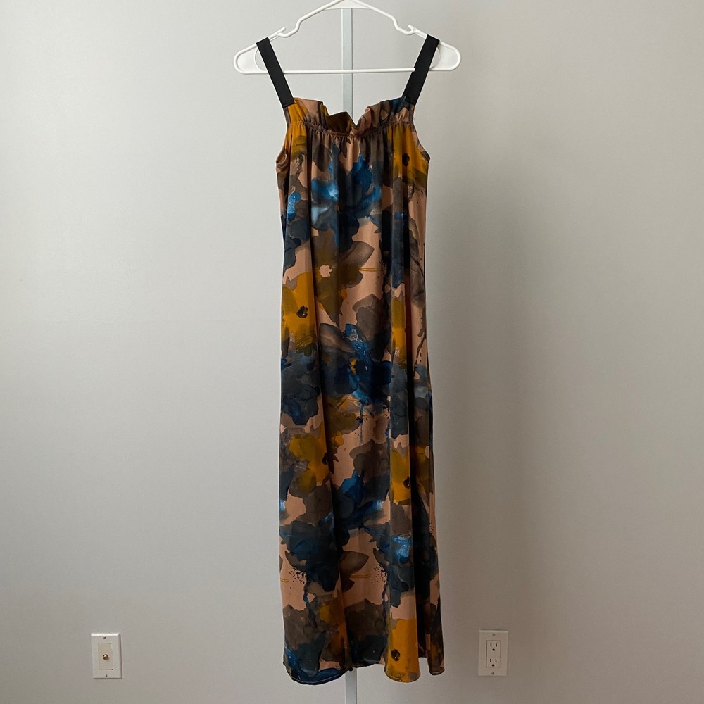 MiMi Factory Floral Boho Relaxed Beachy Slouchy Maxi Dress Brown Blue